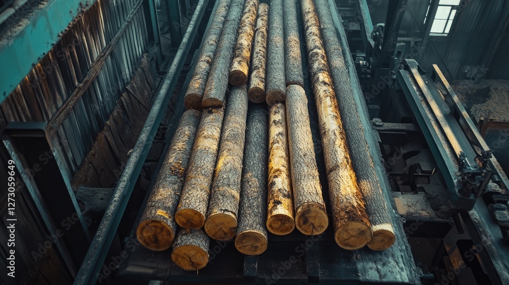 Poster logs moving smoothly on a conveyor belt inside a lumber processing factory, showcasing the efficienc