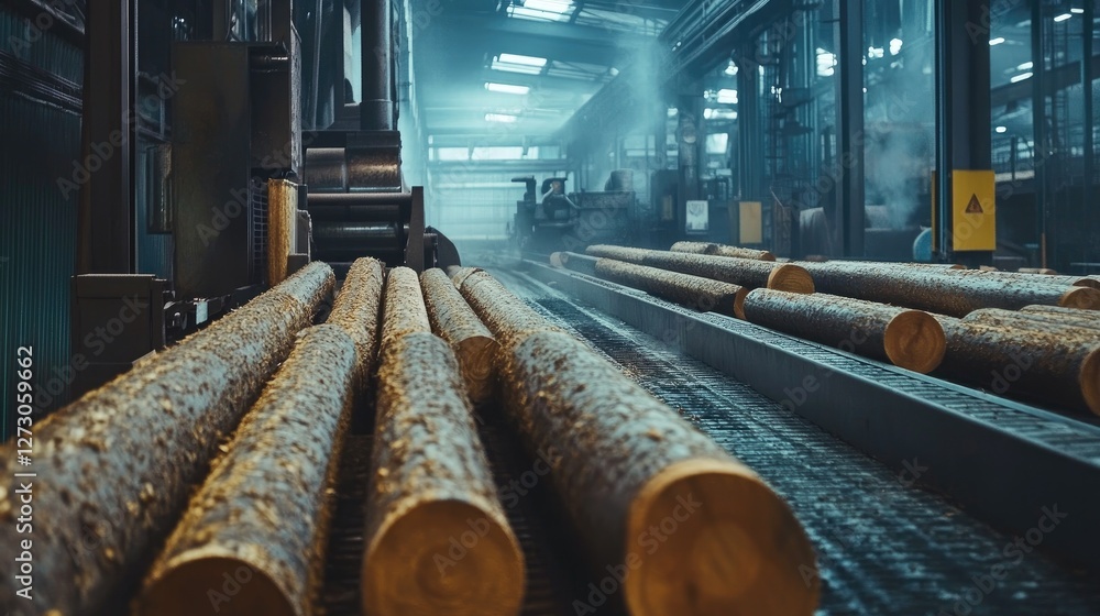 Poster Logs moving smoothly on a conveyor belt inside a lumber processing factory, showcasing the efficiency and machinery of the wood production process.