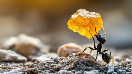 Ant carrying amber, rocky ground, sunset, nature