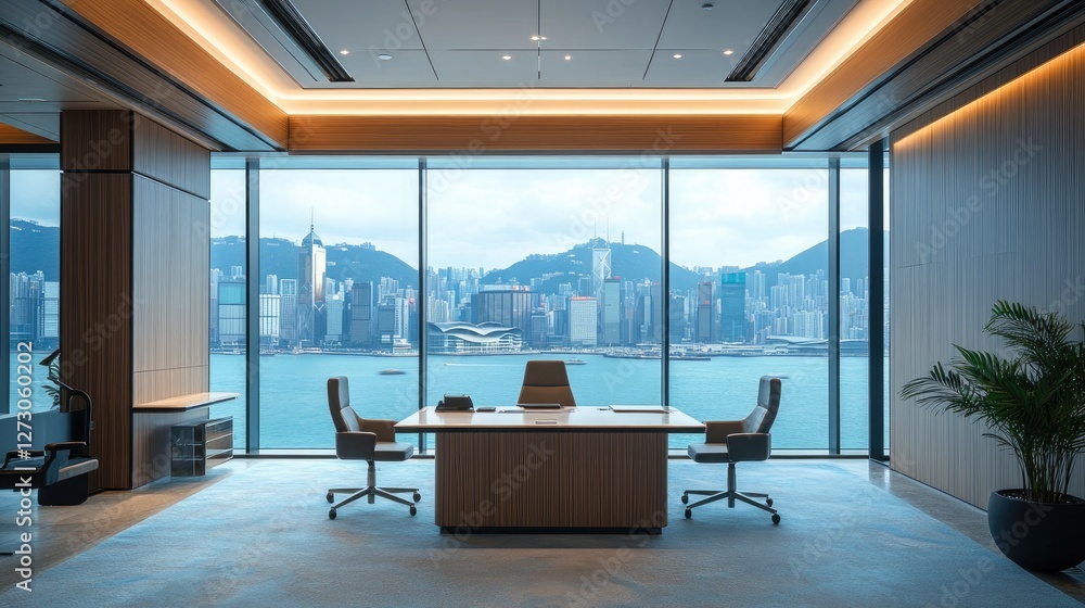 Poster modern office space with a minimalist design, featuring an incredible view of hong kong's skyline an