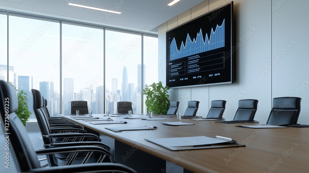 Aufkleber modern conference room with a city skyline view and presentation screen displaying analytics data