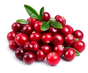 Luscious Cranberries with vibrant green leaves, isolated on white. Freshness personified!