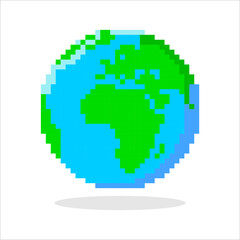 Pixel art of Globe. Pixelated world map in blue and green.