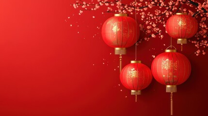 Red lanterns blossom branch background greeting card