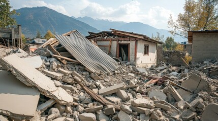 Mountain village home reduced to rubble, with broken wood and concrete scattered across the area following a severe earthquake.