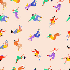 Obraz premium Colorful pattern with flying stylish people. Multi-ethnic community. Movement in air, falling young characters in different poses, hovering and soaring, happy guys and girls