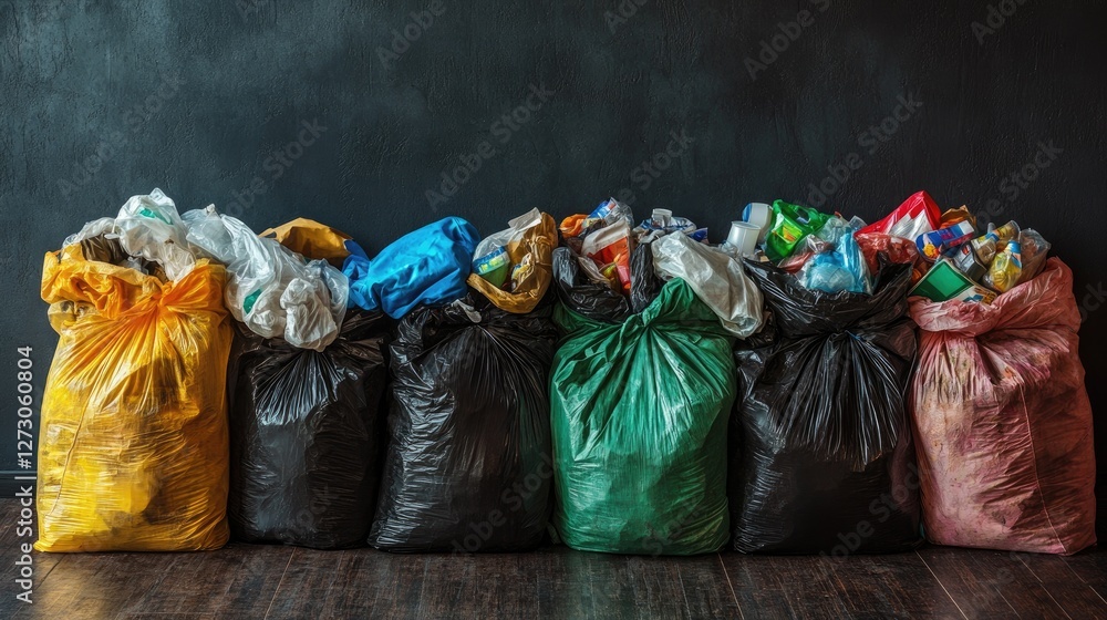 Poster overflowing trash bags with separated recyclables, symbolizing the need for proper waste management 