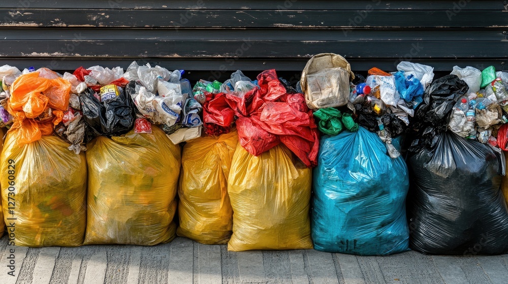 Poster overflowing trash bags with separated recyclables, symbolizing the need for proper waste management 