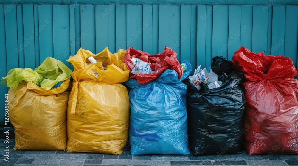 Poster Overflowing trash bags with separated recyclables, symbolizing the need for proper waste management and the recycling process in sustainable living
