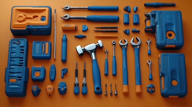Organized toolbox assortment on orange background, tools spread out