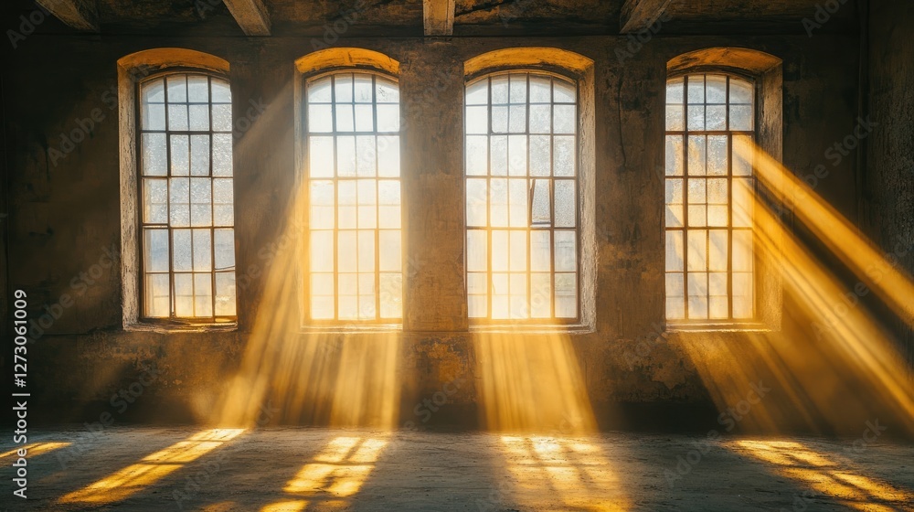 Poster rays of sunlight streaming through large industrial windows in an abandoned factory, illuminating th