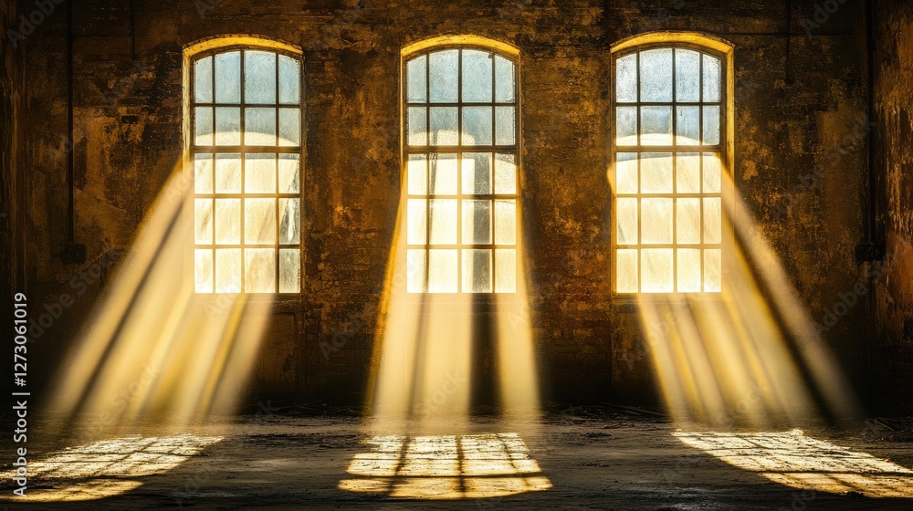 Poster rays of sunlight streaming through large industrial windows in an abandoned factory, illuminating th