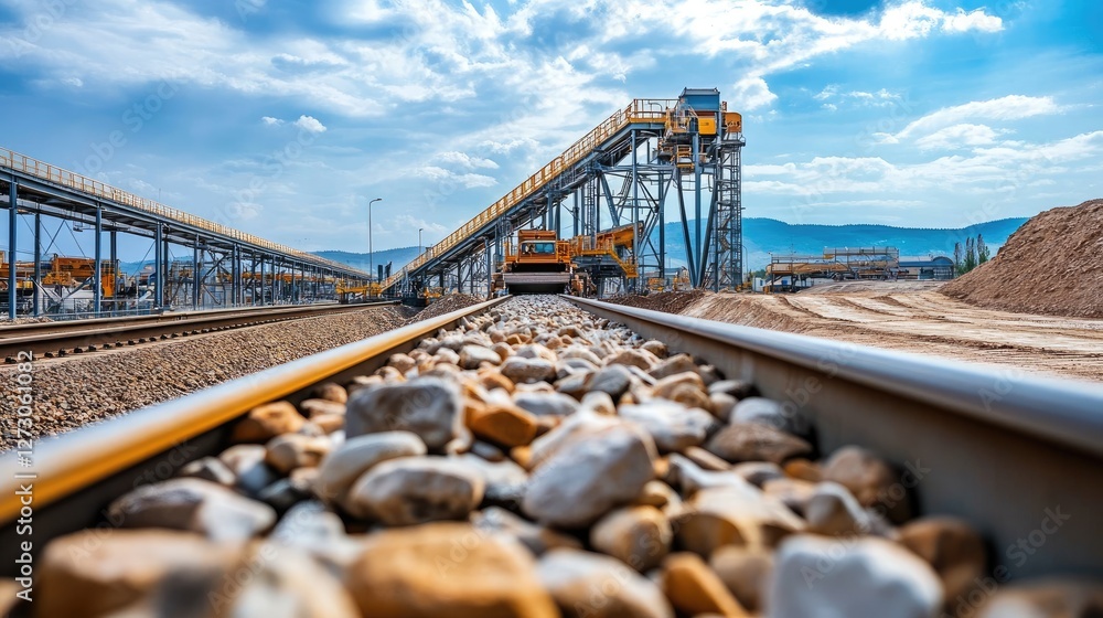 Poster Rocks being transported on a conveyor belt through an open-pit mining site, with the expansive pit and machinery visible in the background.