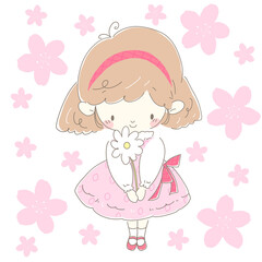 プレゼントの白い花を持つピンク色のワンピースの女の子　背景桜