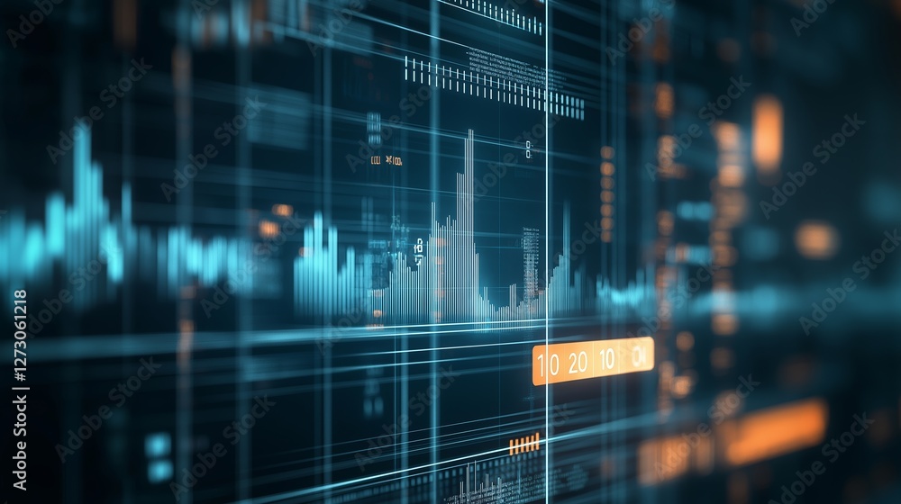 Poster visual representation of data analytics and stock market trends in a digital interface highlighting 