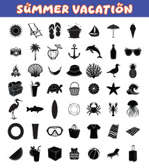 49 vector Mega collection of Summer vacation elements silhouettes on white background, Sun, Beach towel, Seashells, Surfboard, Sunglasses, Beach chair, Umbrella, Flip flops,sunglass,starfish,coconut