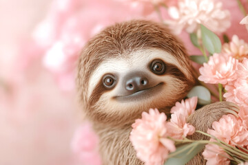 Fototapeta premium Adorable sloth surrounded by pink blossoms creating a whimsical and serene nature portrait