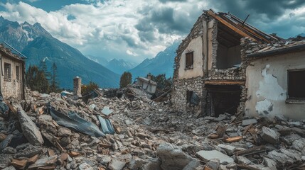 Ruins of a destroyed house in a mountain village after an earthquake, with shattered walls and scattered debris under a cloudy sky.