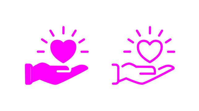 Bright Magneta Hand Holding a Heart Icon with Radiance Lines
