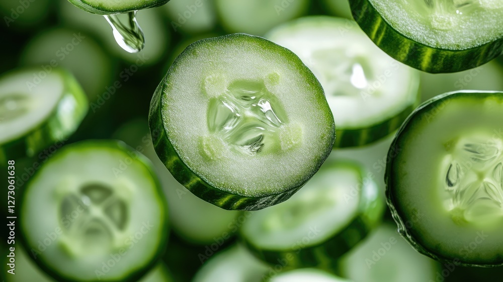 Poster sliced cucumber pieces floating in the air, showcasing the freshness and vibrant green color, symbol