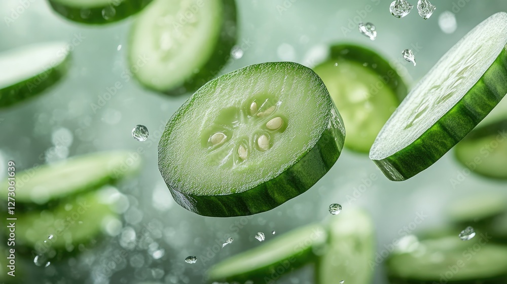 Poster sliced cucumber pieces floating in the air, showcasing the freshness and vibrant green color, symbol
