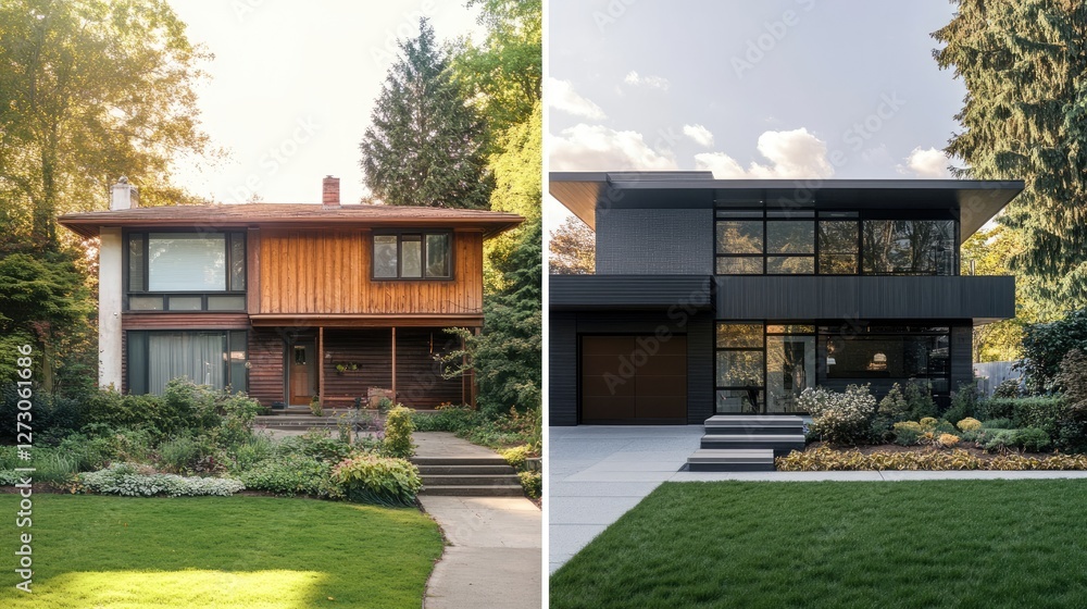 Poster Slider image comparing a dilapidated house to a finished custom home, featuring lush greenery and a welcoming, modern exterior.