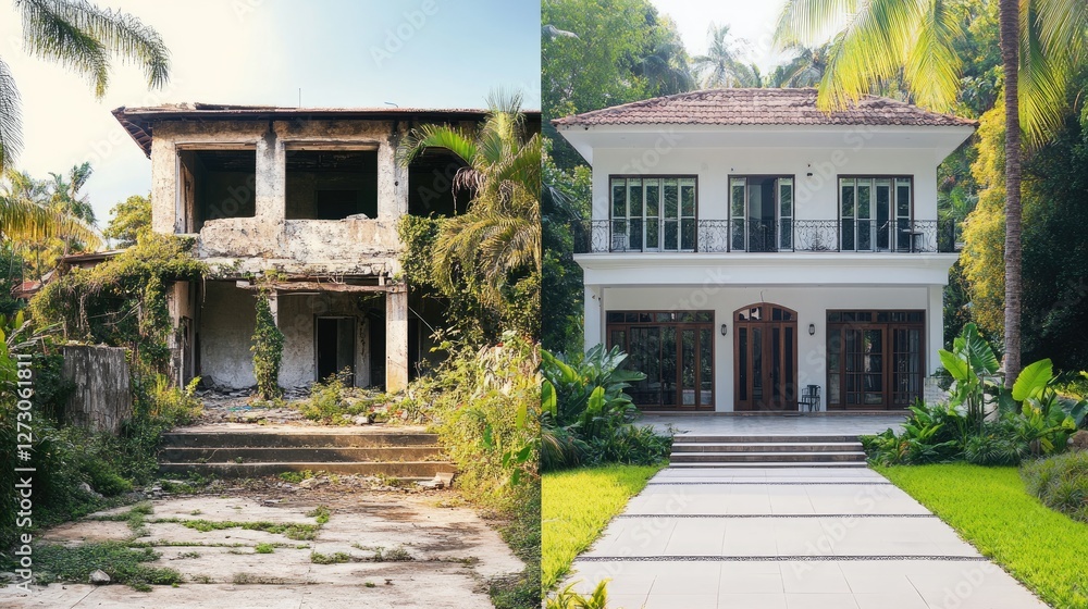 Aufkleber slider image comparing a dilapidated house to a finished custom home, featuring lush greenery and a 
