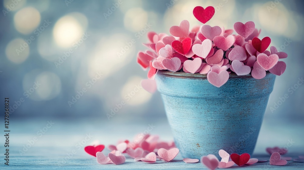 Poster small pink hearts overflowing from a light blue pot, creating a whimsical and romantic atmosphere wi