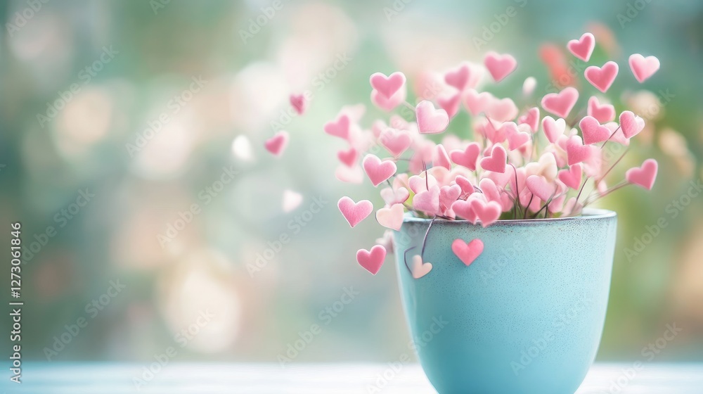 Poster small pink hearts overflowing from a light blue pot, creating a whimsical and romantic atmosphere wi