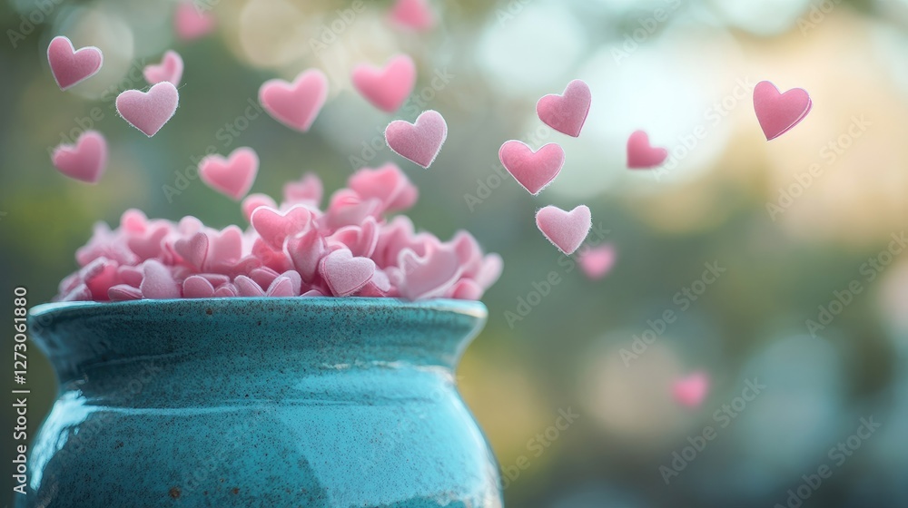 Poster small pink hearts overflowing from a light blue pot, creating a whimsical and romantic atmosphere wi