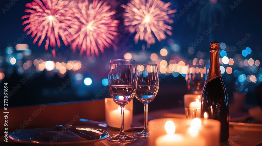 Poster Soft candlelight illuminating a table, with a grand fireworks display filling the sky, creating a perfect setting for a romantic evening.