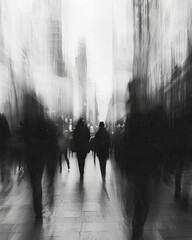 Black and white style, blurry people walking in the street, abstract