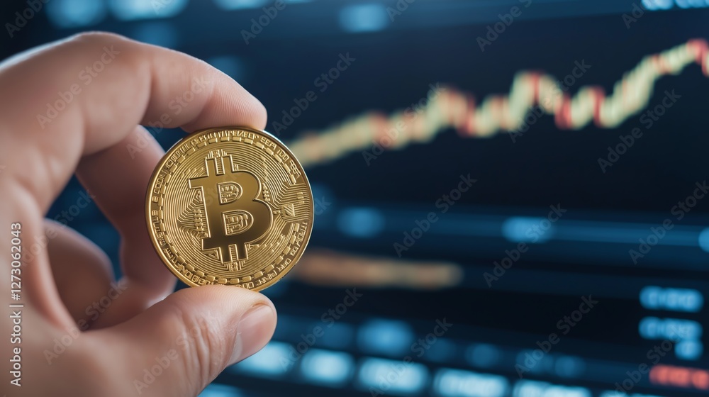 Poster bitcoin held in hand with rising market graph displayed in the background during an active trading s