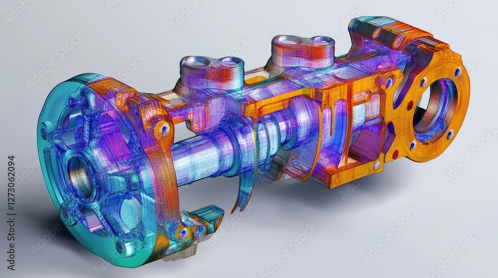 Poster Stress test results of a crankshaft and pistons using FEM, with color maps that visualize the distribution of forces in the components.