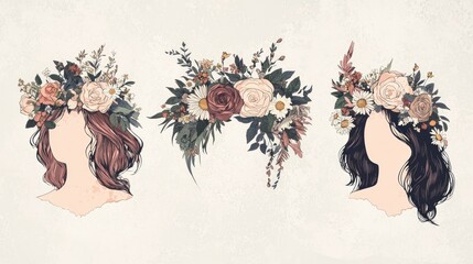Naklejka premium Floral Crowns: A Trio of Women's Silhouettes Adorned with Delicate and Vibrant Flower Arrangements