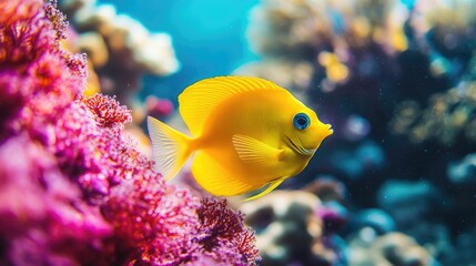 Stunning vibrant yellow fish darting through a colorful coral reef, illustrating the wonders of marine biodiversity and ocean ecosystems.
