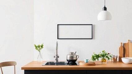 Minimalist Modern Kitchen Interior with Wood Countertop and Blank Frame