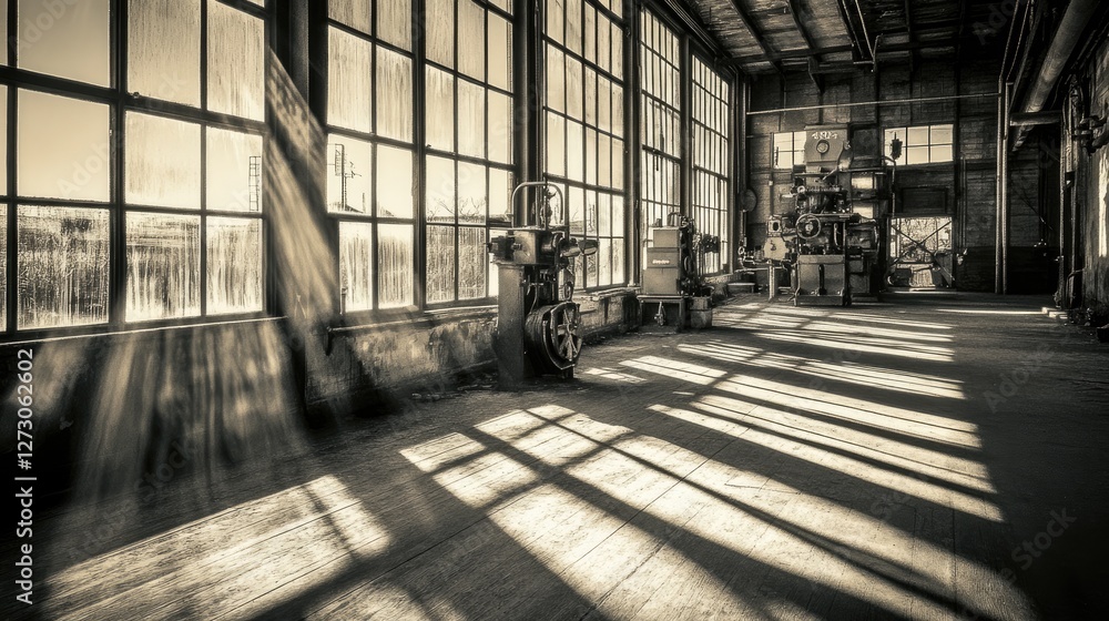 Poster sunlight filtering through the cracked windows of an old industrial building, casting a nostalgic gl