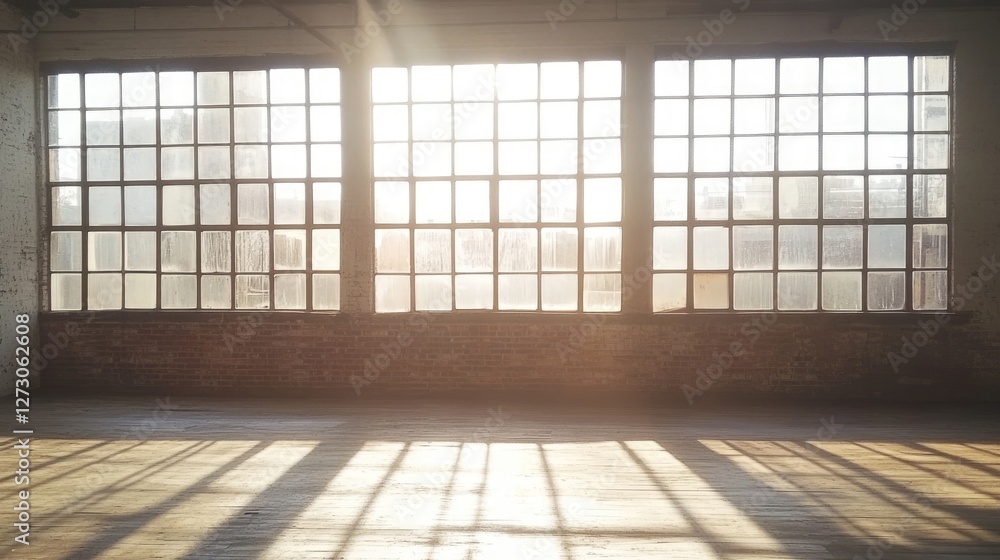 Poster sunlight filtering through the cracked windows of an old industrial building, casting a nostalgic gl
