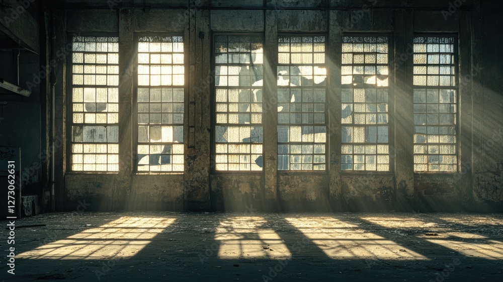 Poster sunlight streaming through large, broken windows in an abandoned industrial building, casting dramat