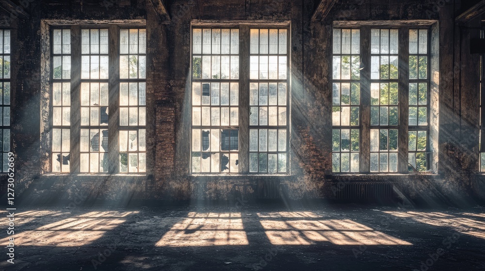 Poster sunlight streaming through large, broken windows in an abandoned industrial building, casting dramat