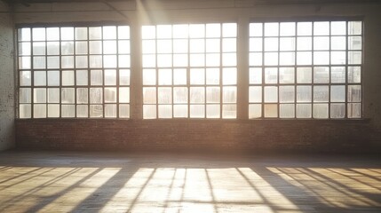 Sunlight filtering through the cracked windows of an old industrial building, casting a nostalgic glow over forgotten machinery and worn floors.