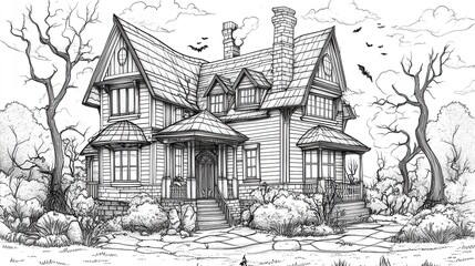 Obraz premium spooky haunted mansion and mystic fairytale house halloween themed vector coloring page for children fantasy black and white contour illustration