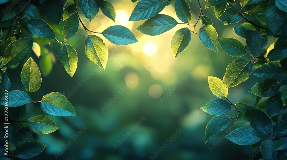 Poster spring nature abstract background with green leaves and bokeh effect blurred foliage from trees for 