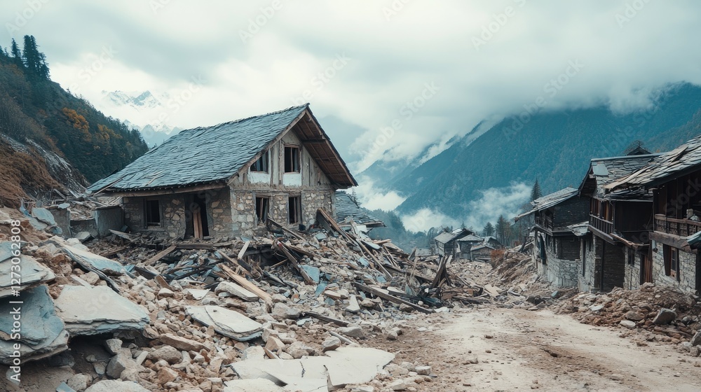 Poster the aftermath of an earthquake in a mountain village, showing a collapsed house surrounded by debris