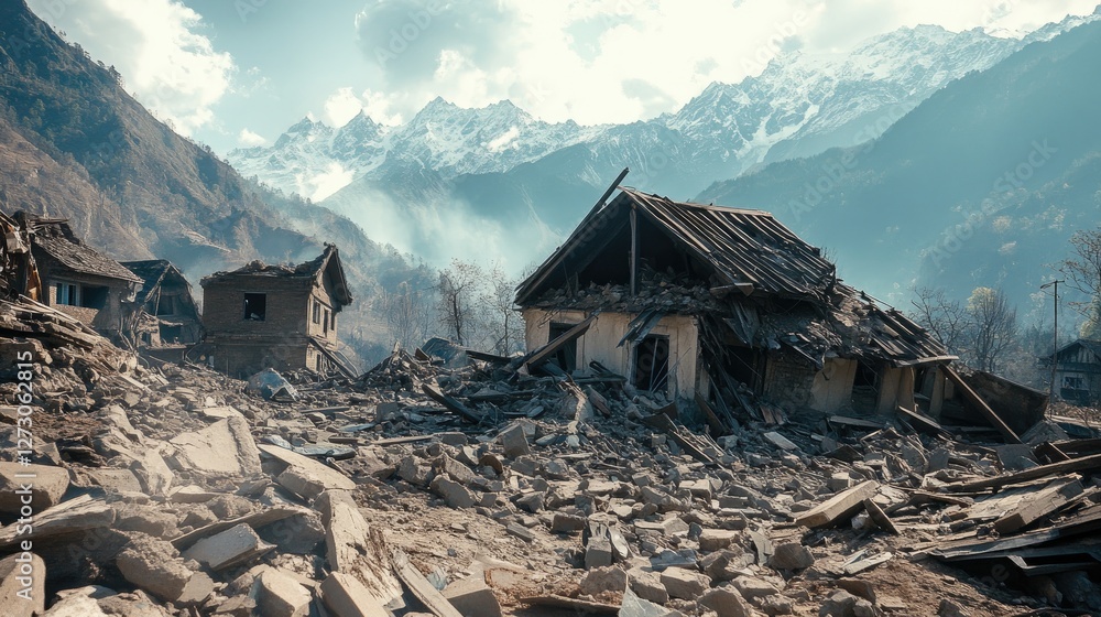Poster the aftermath of an earthquake in a mountain village, showing a collapsed house surrounded by debris