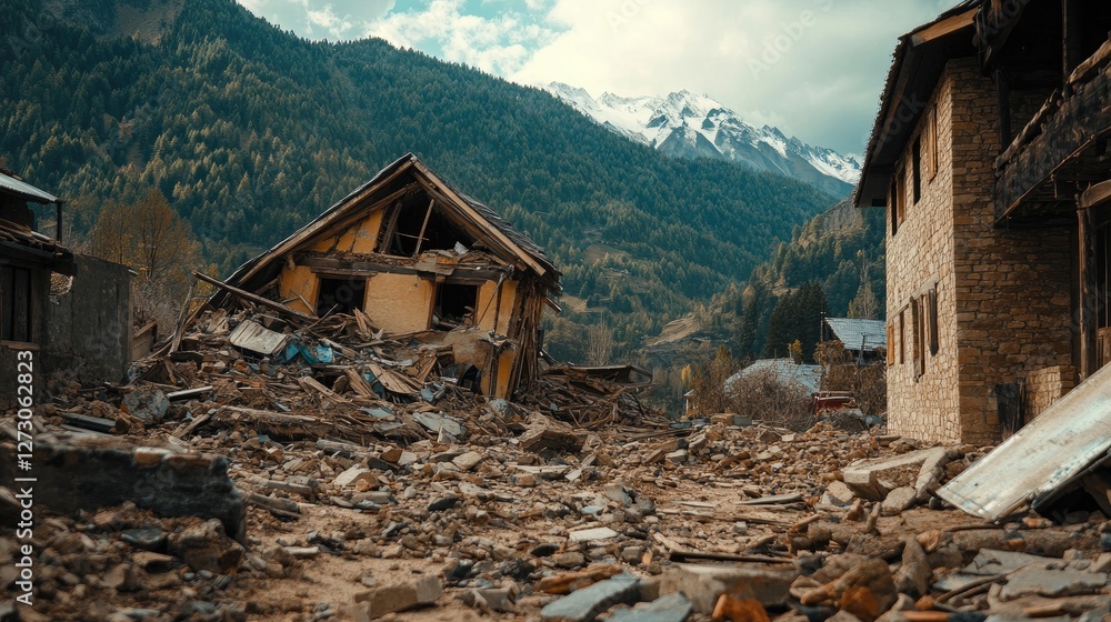 Poster the aftermath of an earthquake in a mountain village, showing a collapsed house surrounded by debris