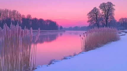 Obraz premium Serene winter river reflecting soft pink sunrise light. AI Generated