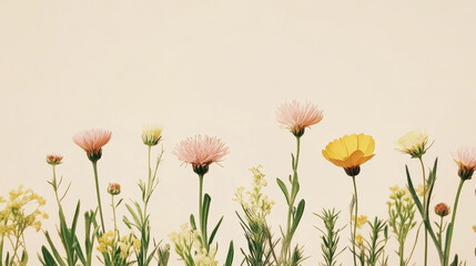 Fototapeta premium A serene photograph of blooming wildflowers in pale yellow and dusty pink hues, with natural green foliage peeking through