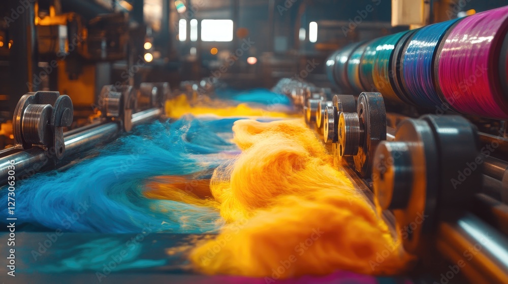 Poster The vibrant flow of ink through color printing rollers in a factory setting, illustrating the sophisticated process of modern industrial printing.